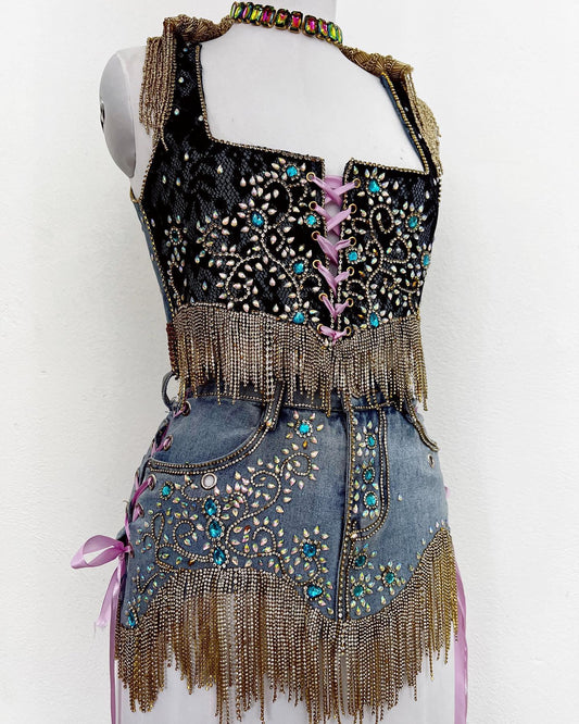 CUSTOM MADE RHINOSTONE DENIM TWO PIECE