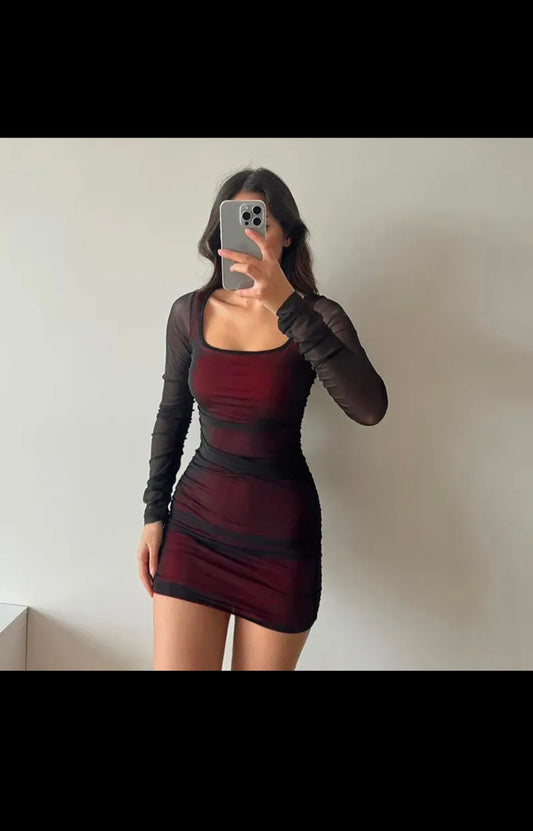 MAROON COLORBLOCK BODYCON DRESS