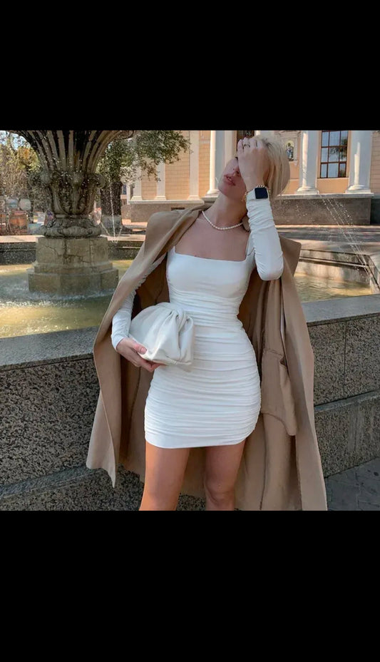 SQUARE NECK RUCHED BODYCON DRESS